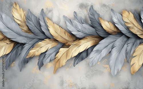 Elegant gold and silver feathers on a luxury abstract background with textured artistic details for high end decorative design