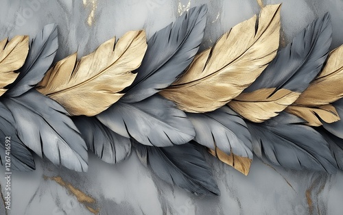 Artistic metallic gold and silver feathers with elegant abstract background and high end decorative elements for luxury design