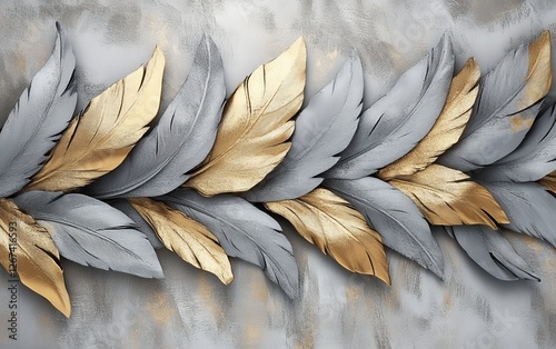 Beautiful gold and silver feather arrangement with luxury artistic texture on a minimalist elegant background for high end design