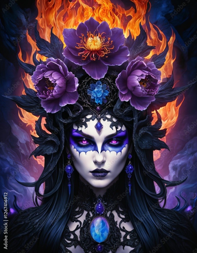 A gothic work that looks like a demon, looks like a human, is flowery and colorful A gothic work that looks like a demon, looks like a human, is flowery and colorful