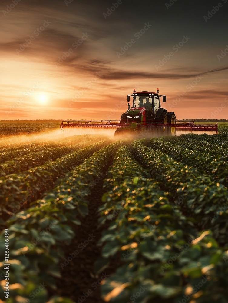Tractor spraying pesticides and fertilizer on soybean crops farm field in spring evening, smart farming technology and sustainable advanced agriculture practices Tractor spraying pesticides and fertilizer on soybean crops farm field in spring evening, smart farming technology and sustainable advanced agriculture practices