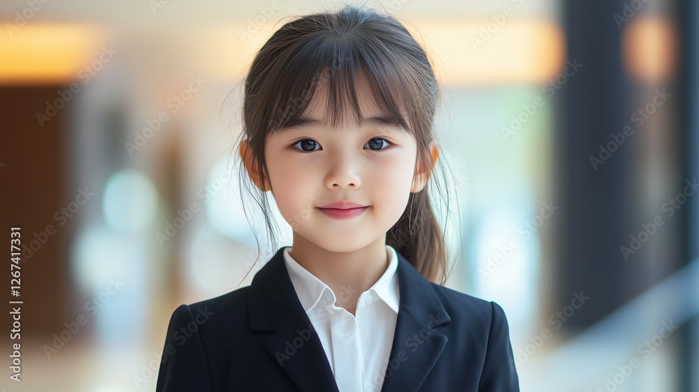 beautiful portrait of a female kid wearing an exquisite black suit and white shirt, with a confident smile with a light blurred office lobby background beautiful portrait of a female kid wearing an exquisite black suit and white shirt, with a confident smile with a light blurred office lobby background