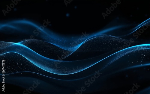 Abstract neon blue energy waves with glowing dotted particles and smooth motion on a dark background for futuristic digital art and high tech cyber design