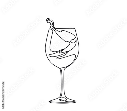 Continuous one line drawing of a glass of wine. Champagne and drinking wine from a glass. Celebration party concept isolated on white background. Minimalist stylish art. Vector illustration	