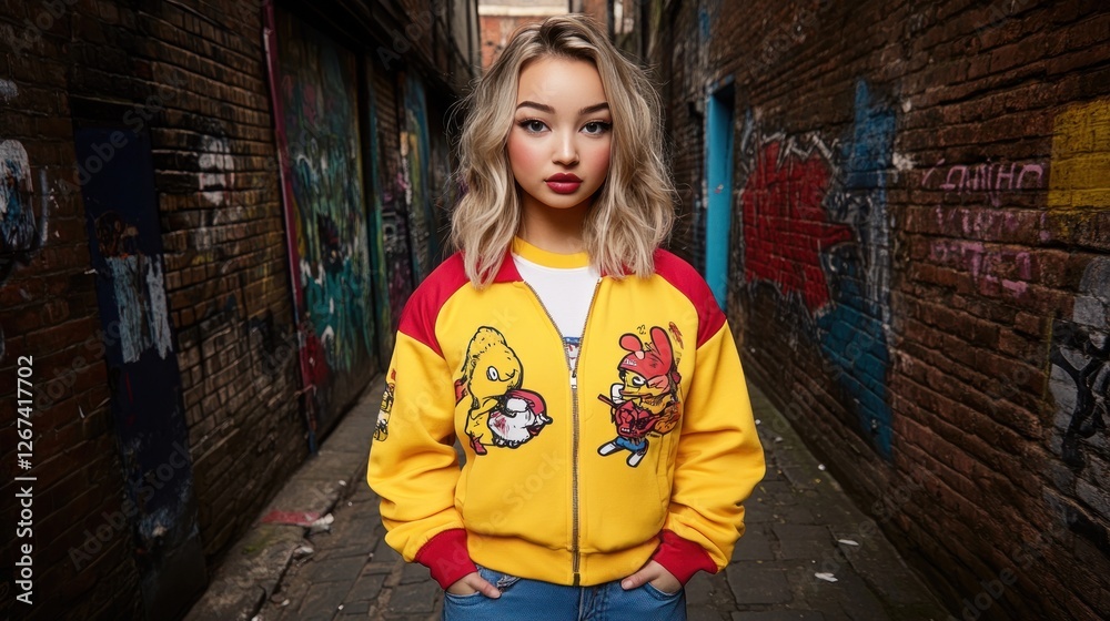 Obraz premium Urban Chic: A Stylish Girl in a Graffiti Alley