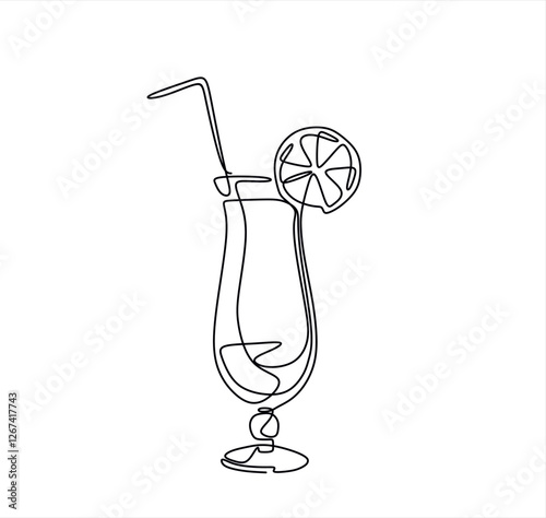 Continuous one line drawing of Glass of lemonade, or cocktail with lemon.	