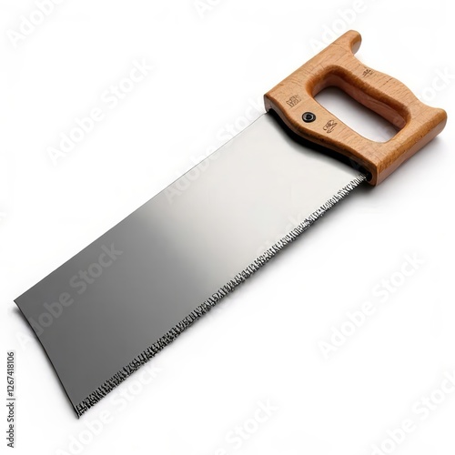 Closeup of a Hand Saw with a Wooden Handle on White Background