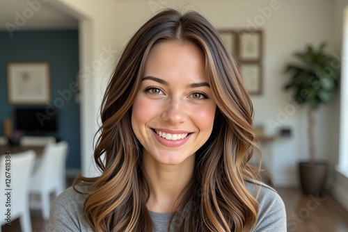 Attractive Young Woman with Long Brown Hair Smiling Headshot Portrait