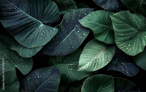 Beautiful lush tropical green leaves with water droplets in high resolution perfect for nature inspired designs and botanical backgrounds photo