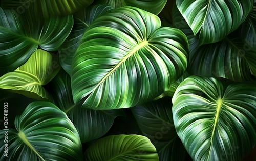 Bright and lush tropical green leaves with natural light and glossy texture creating a vibrant exotic jungle background for botanical and nature lovers photo