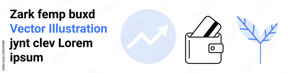 Credit card in wallet, upward trend chart in circle, blue leaf. Ideal for finance, savings, growth, nature, economy digital payment eco-friendly themes. Landing page Credit card in wallet, upward trend chart in circle, blue leaf. Ideal for finance, savings, growth, nature, economy digital payment eco-friendly themes. Landing page