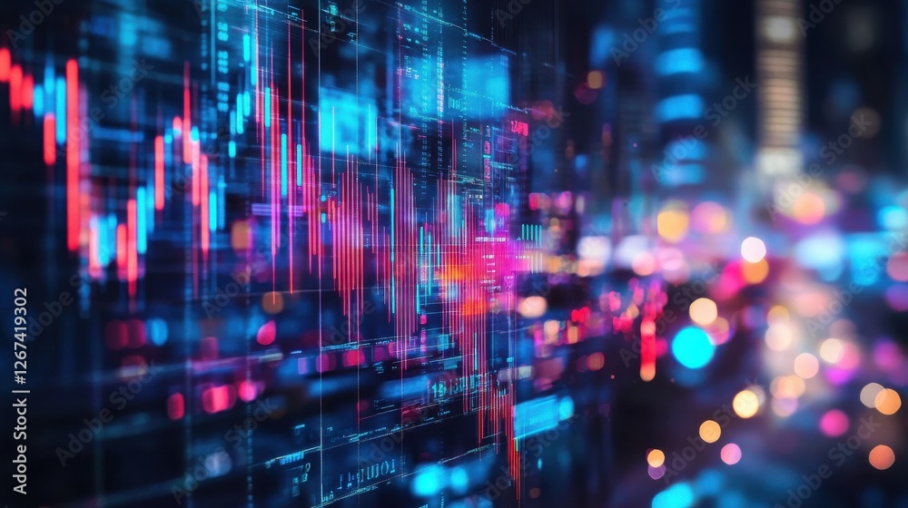 Naklejka premium Abstract glowing big data forex candlestick chart on blurry city backdrop. Trade, technology, investment and analysis concept. Double exposure