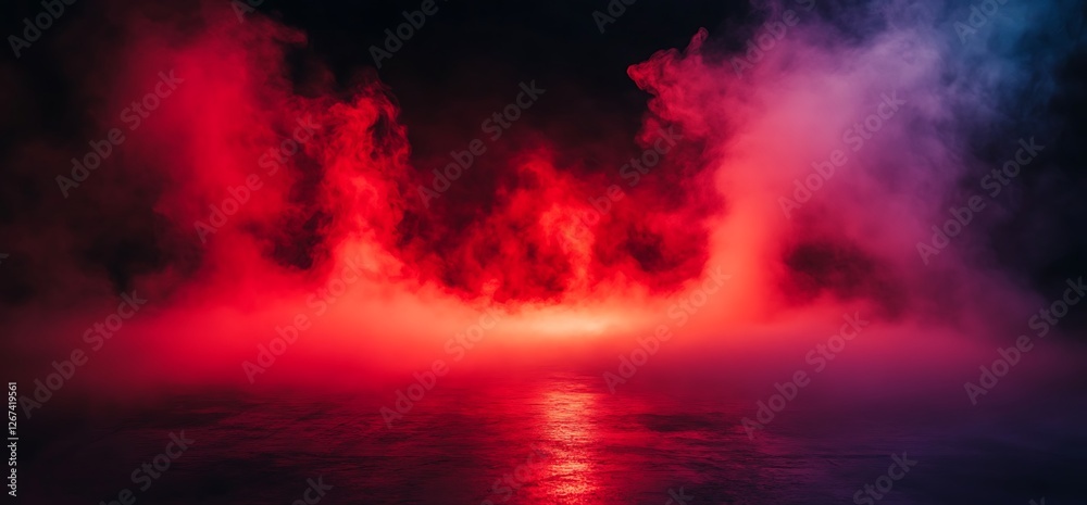 Fototapeta premium Red, glowing neon lights on a dark background with smoke and fog in an empty room