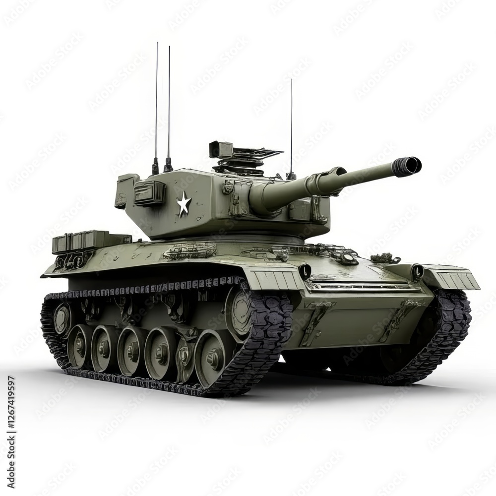 Olive Green Military Tank on Tracks with Cannon Mounted on Turret on White Background Olive Green Military Tank on Tracks with Cannon Mounted on Turret on White Background