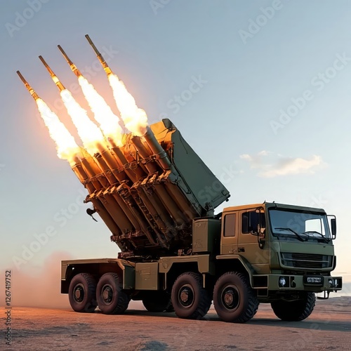 Olive Green Rocket Launcher Truck Firing Missiles Against a Clear Blue Sky