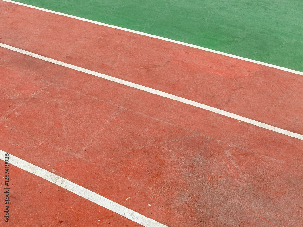 Aerial View Of Red Running Track With Green Field And White Lane Markings Using Synthetic Materials Aerial View Of Red Running Track With Green Field And White Lane Markings Using Synthetic Materials