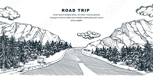 Mountain pine forest landscape with road. Vector hand drawn sketch illustration. Travel in mountains background