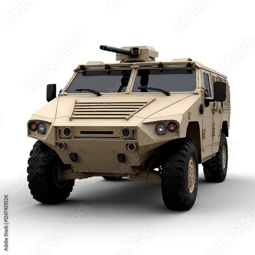 Tan Armored Vehicle with Mounted Gun on White Background in a Studio Shot