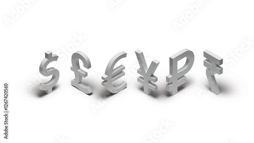 Photography Isolate of white currency isometric include US dollar Yuan or Yen Pound sterling  Euro Ruble and Rupee on white background for currency exchange and money transfer concept by illustration