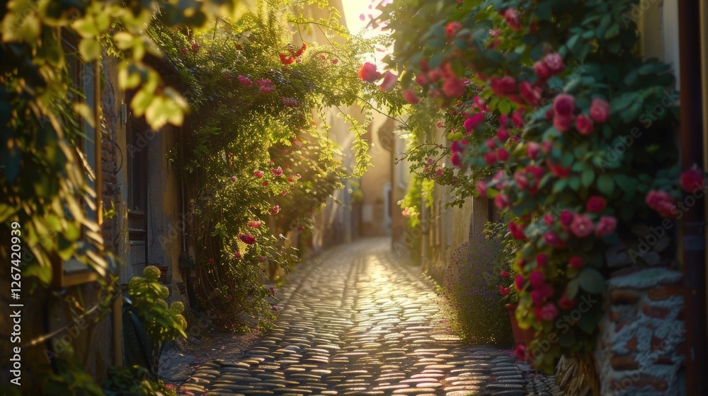 Charming sunlit cobblestone alley lined with colorful flowers, rustic shutters, and warm golden light creating a serene and picturesque atmosphere. Charming sunlit cobblestone alley lined with colorful flowers, rustic shutters, and warm golden light creating a serene and picturesque atmosphere.