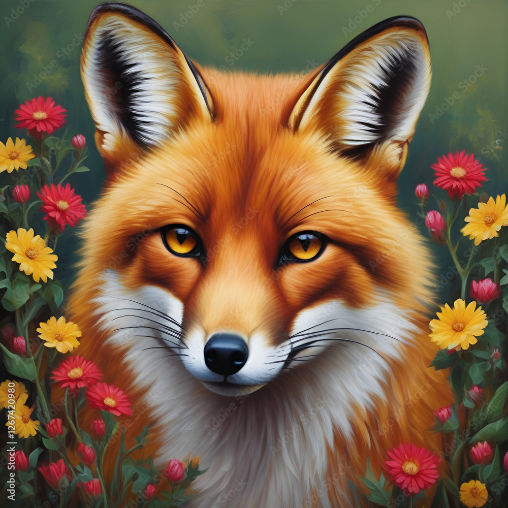 Obraz premium Fox portrait with flowers 