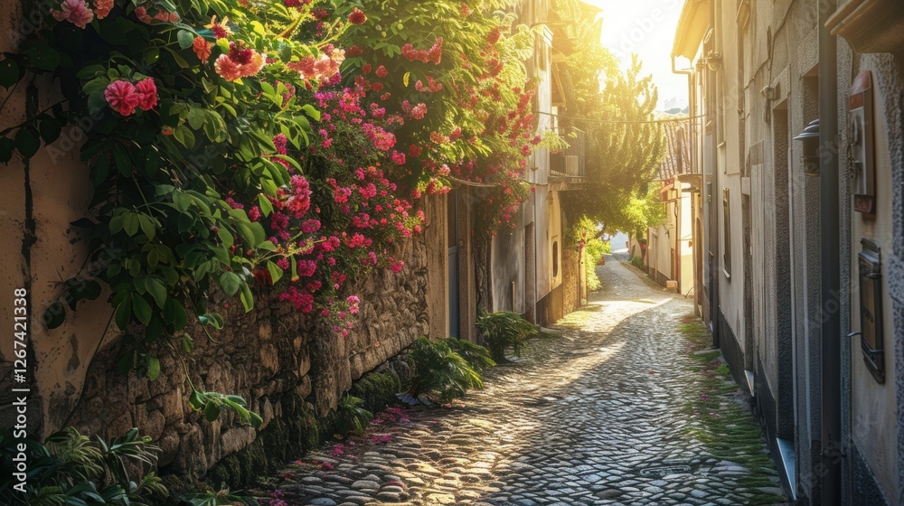 Obraz premium Charming sunlit cobblestone alley lined with colorful flowers, rustic shutters, and warm golden light creating a serene and picturesque atmosphere.