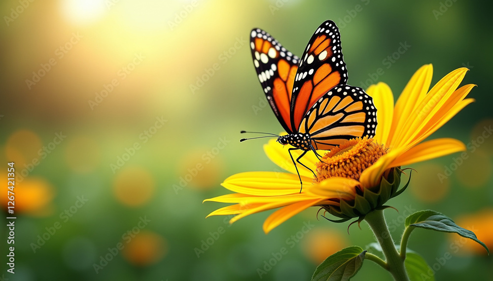 Fototapeta premium Butterfly resting on a blooming rose in daylight