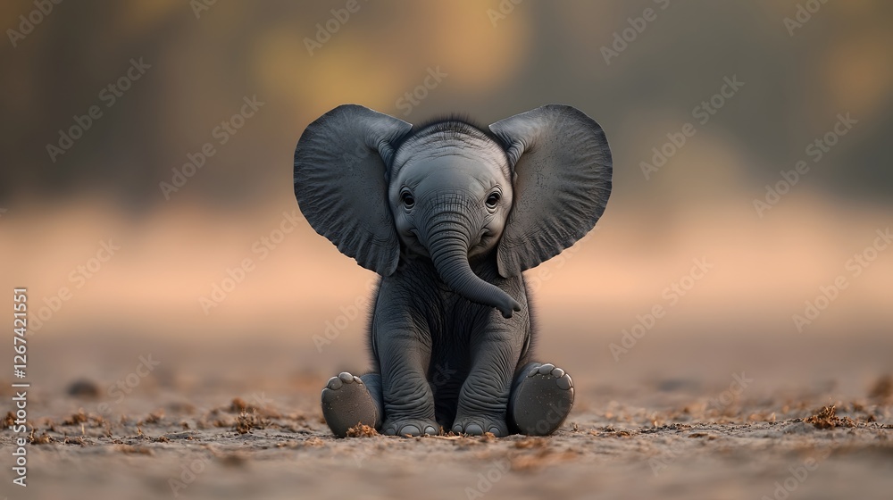 Fototapeta premium Gentle baby elephant sitting on the ground large ears flapping slightly creating a soft and serene atmosphere with a blurred background for copyspace or text overlay