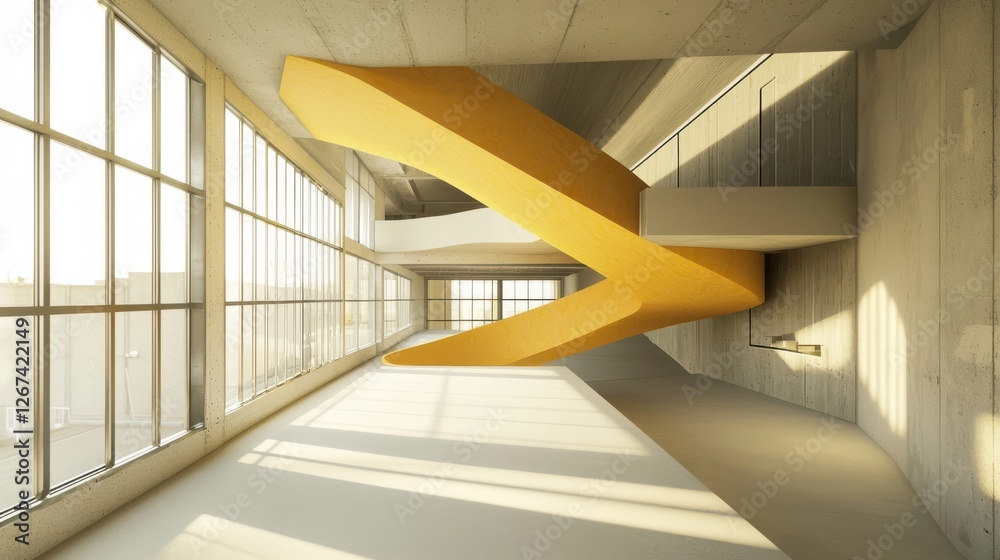 Fototapeta premium Sunlit Modern Interior with Striking Yellow Staircase-standard v2-4x