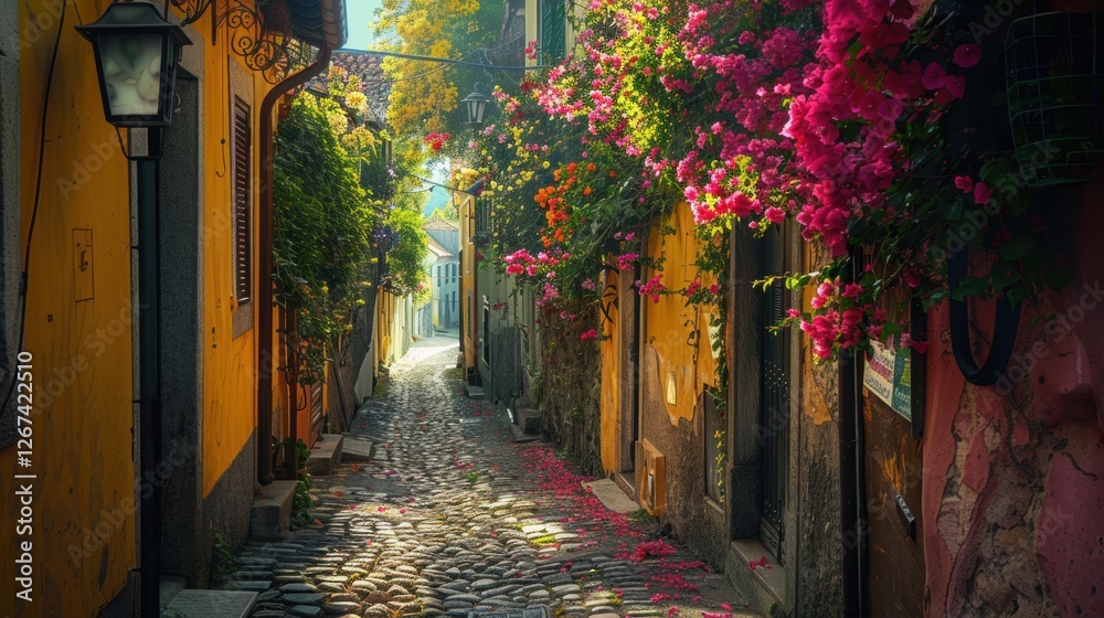 Fototapeta premium Charming sunlit cobblestone alley lined with colorful flowers, rustic shutters, and warm golden light creating a serene and picturesque atmosphere.