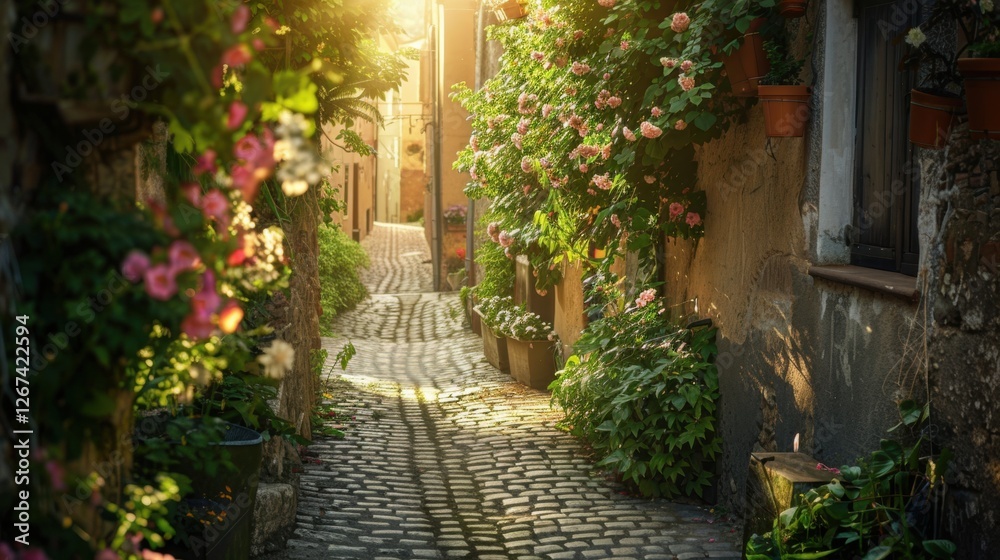 Fototapeta premium Charming sunlit cobblestone alley lined with colorful flowers, rustic shutters, and warm golden light creating a serene and picturesque atmosphere.