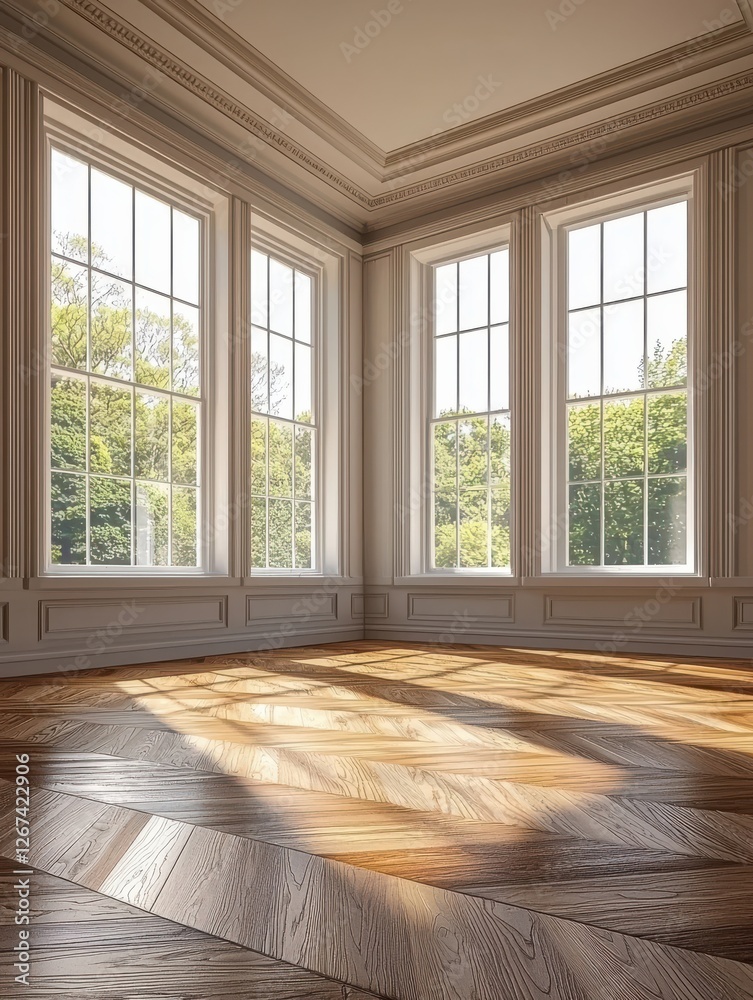 Fototapeta premium Sunlit Room with Herringbone Floor and Large Windows-standard v2-4x