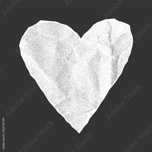 Torn white paper heart with jagged edges and gritty crumpled texture, halftone sticker on dark background, love and romance collage design