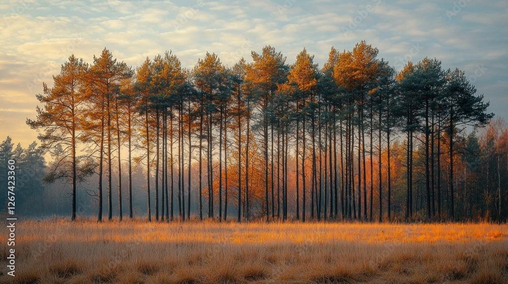 Fototapeta premium Golden sunrise over autumn pine trees in a misty meadow