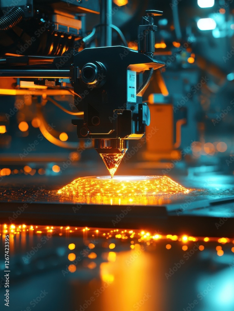 Fototapeta premium Industrial 3D printer working on a hot metal plate. High-tech manufacturing process. Precision robotic arm manipulating glowing material.