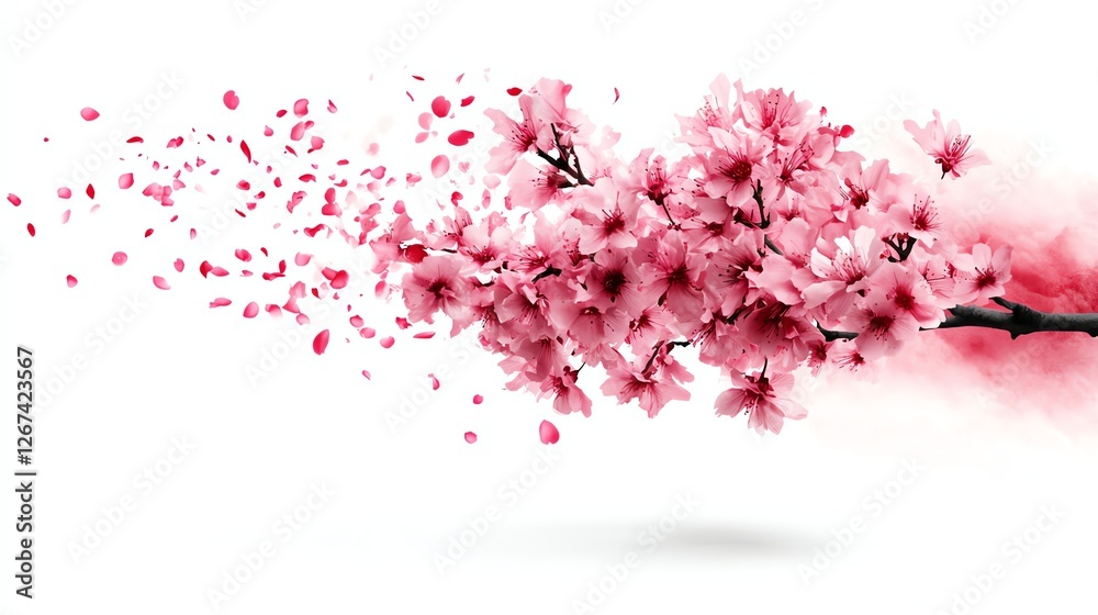 a gentle breeze carrying sakura petals, elegant spring motion, fantasy digital art, isolated on white background