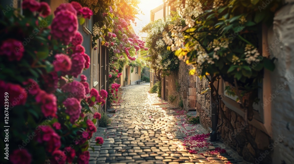 Fototapeta premium Charming sunlit cobblestone alley lined with colorful flowers, rustic shutters, and warm golden light creating a serene and picturesque atmosphere.