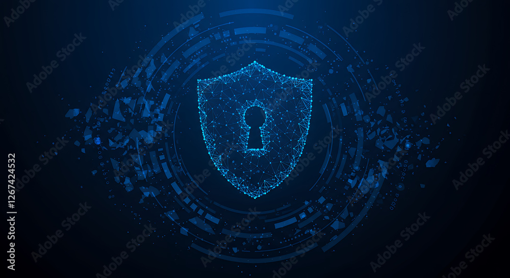 Obraz premium ** Digital Shield Security: Cyber Protection & Data Privacy Mesh. Keyhole Lock Safety, Network Safety with abstract tech background