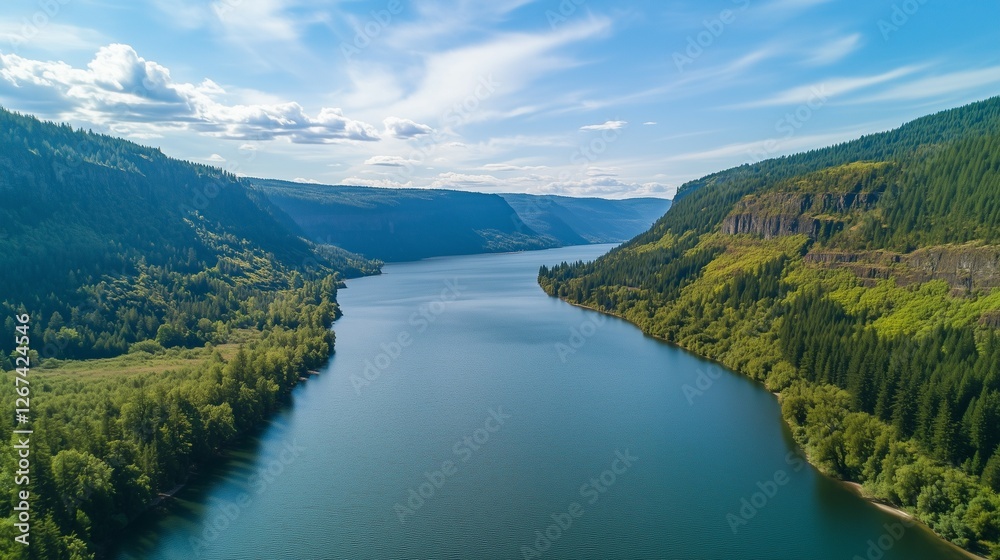 A wide river in the Pacific Northwest wilderness, with rapids and rocky banks, surrounded by lush green forests under a blue sky A wide river in the Pacific Northwest wilderness, with rapids and rocky banks, surrounded by lush green forests under a blue sky