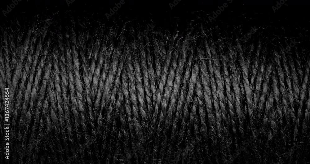Textured Black Twine. A close-up of tightly wound black twine moving in a smooth vertical motion. The fibrous texture and monochrome aesthetic create an organic yet industrial feel.