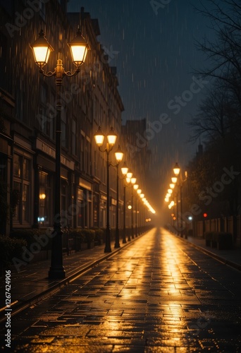 A row of streetlights on a rainy night, their golden glow illuminating the wet streets and creating a soft bokeh effect, evoking a moody and atmospheric tone
Generative AI