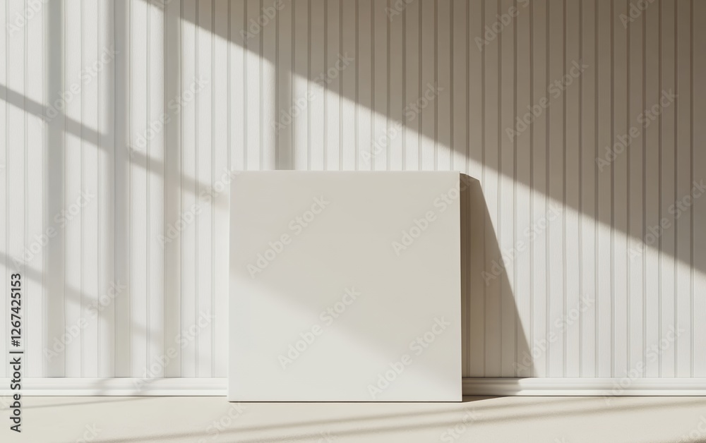 Minimalist blank white square canvas placed against a wooden paneled wall with natural sunlight and subtle shadows in a modern studio for art presentation and branding design Minimalist blank white square canvas placed against a wooden paneled wall with natural sunlight and subtle shadows in a modern studio for art presentation and branding design