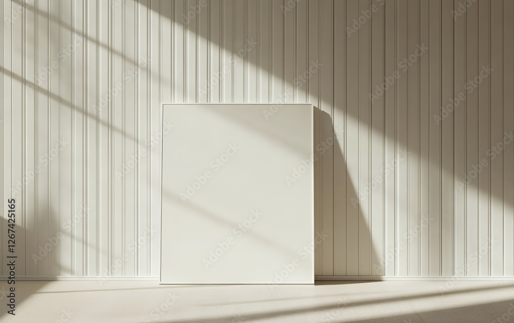 Fototapeta premium Minimalist white blank canvas standing against a textured wall with soft sunlight and shadows in a modern interior for art mockup and branding design