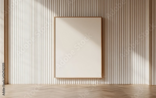 Elegant vertical blank canvas with wooden frame hanging on white ribbed wall in sunlit room for artwork and poster presentation