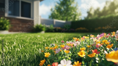 Beautiful home garden with green grass and colorful flowers in the front yard of the house, a springtime landscape design with flower beds and shrubs for a real estate photo