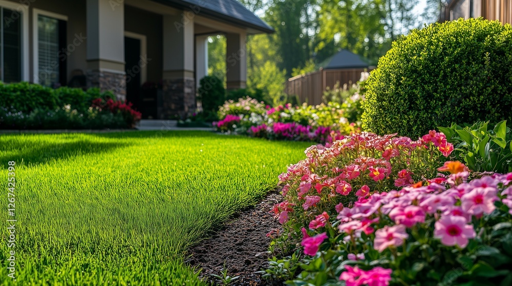 Fototapeta premium Beautiful home garden with green grass and colorful flowers in the front yard of the house, a springtime landscape design with flower beds and shrubs for a real estate photo