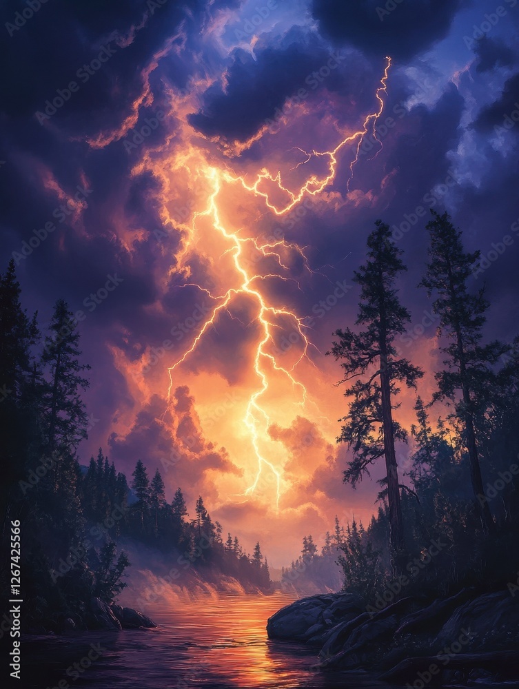 Bright and vivid thunderstorm lighting up the night sky, high contras