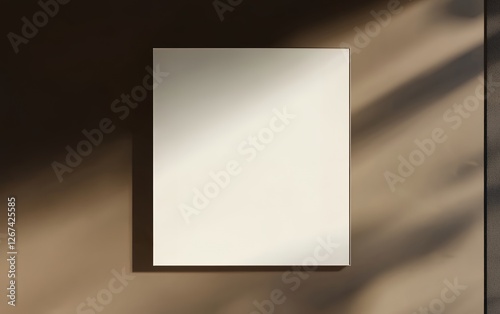 Large minimalist white canvas hanging on a brown neutral textured wall with soft shadows and warm lighting for an elegant interior art display and branding mockup