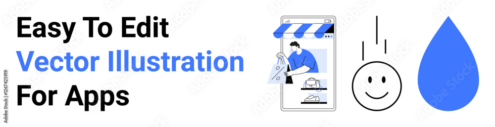 Digital store with a person inside interacting with objects, smiling face, and droplet icon. Ideal for e-commerce, user interface, app design, branding, creativity, marketing flat landing page Digital store with a person inside interacting with objects, smiling face, and droplet icon. Ideal for e-commerce, user interface, app design, branding, creativity, marketing flat landing page