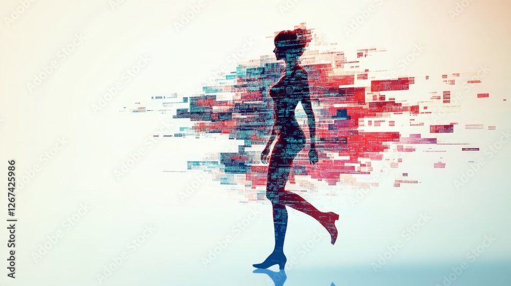 Fototapeta premium Woman Dissolving into Colorful Data Streams